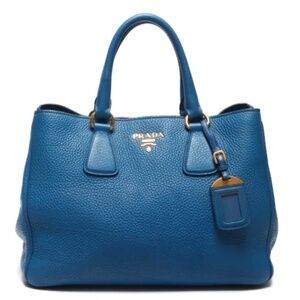 Authentic Prada Vitello Daino Double Zip Convertible Tote (Blue Leather)